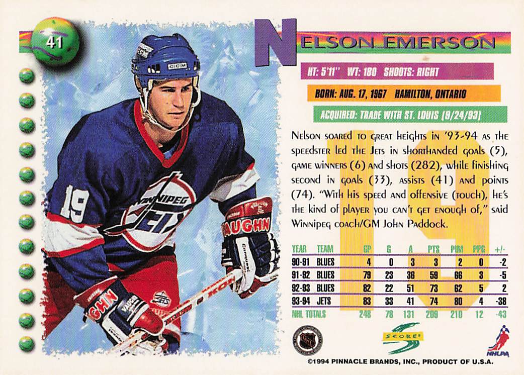 1994-95 Score Hockey Nelson Emerson #41