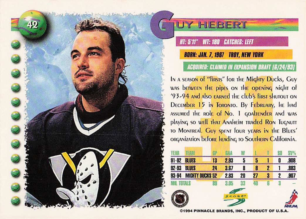 1994-95 Score Hockey Guy Hebert #42