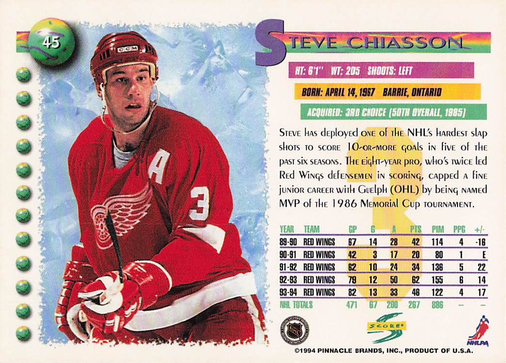 1994-95 Score Hockey Steve Chiasson #45