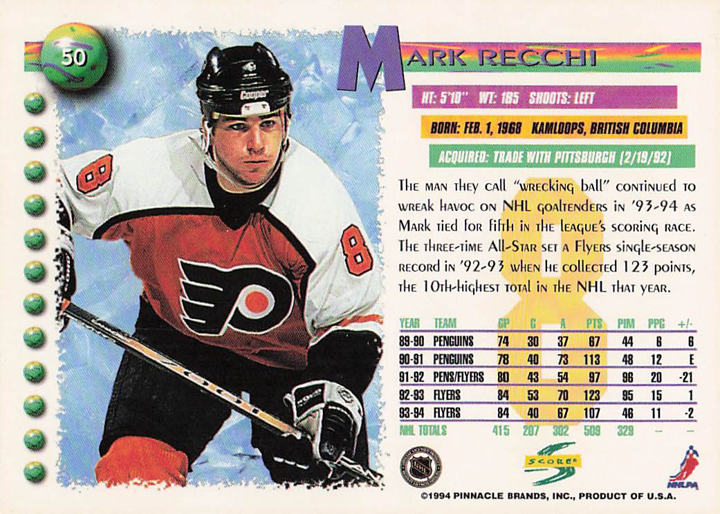 1994-95 Score Hockey Mark Recchi #50