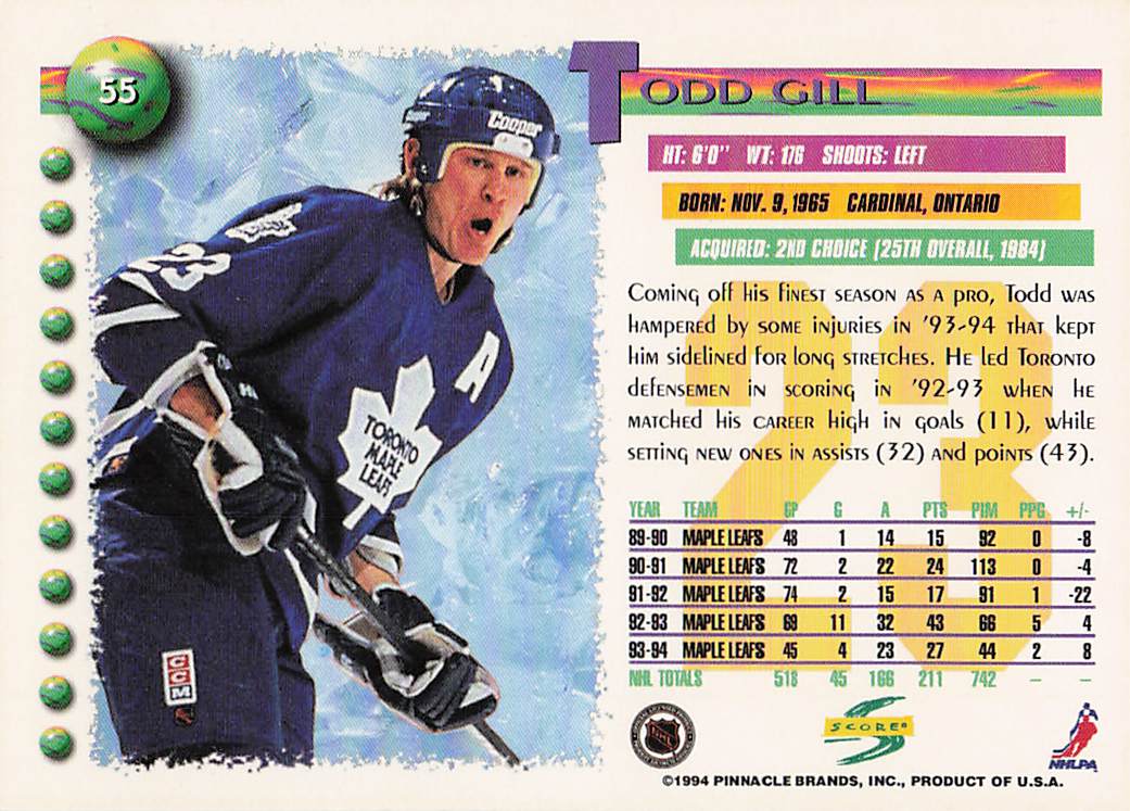 1994-95 Score Hockey Todd Gill #55