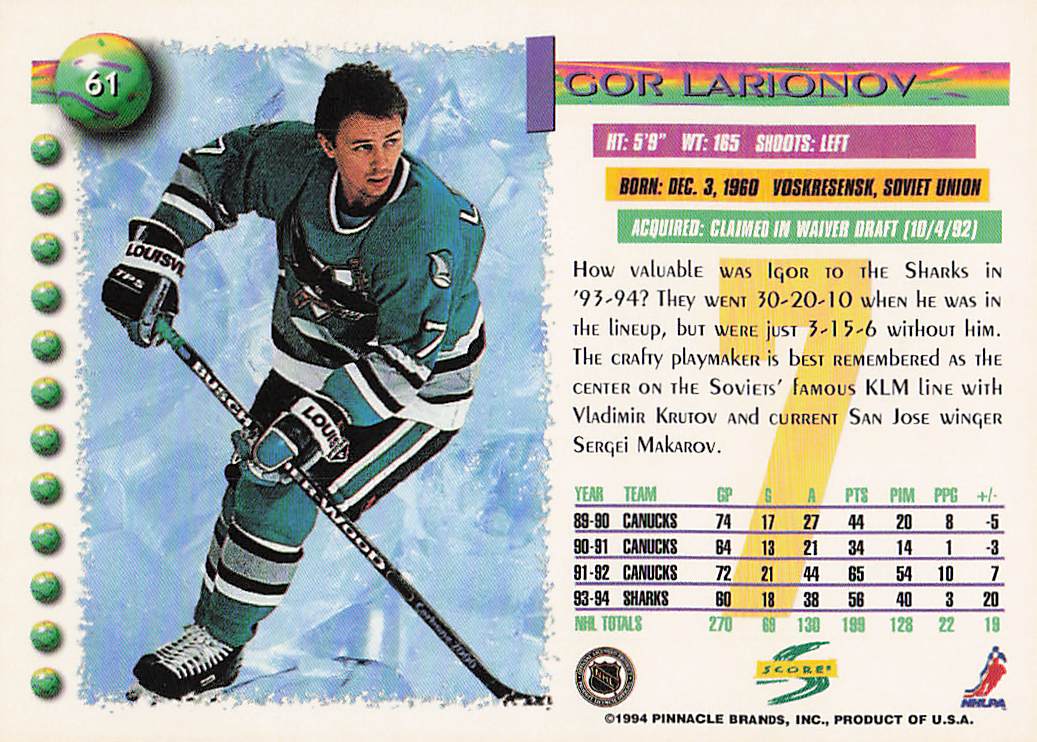 1994-95 Score Hockey Igor Larionov #61