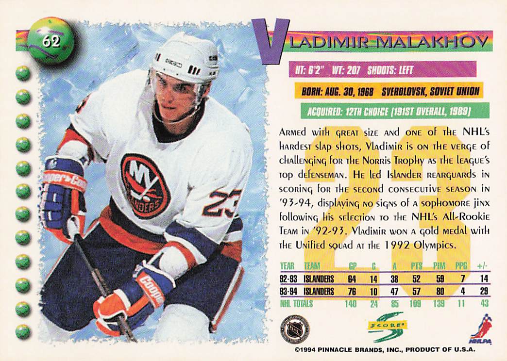 1994-95 Score Hockey Vladimir Malakhov #62