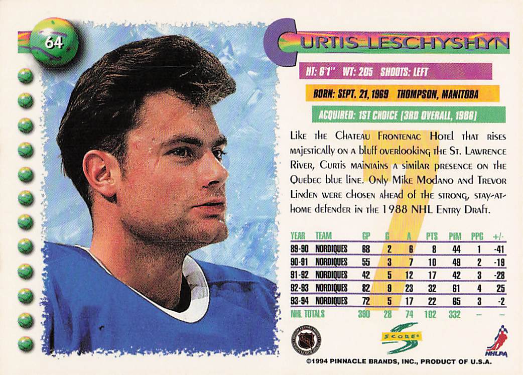 1994-95 Score Hockey Curtis Leschyshyn #64