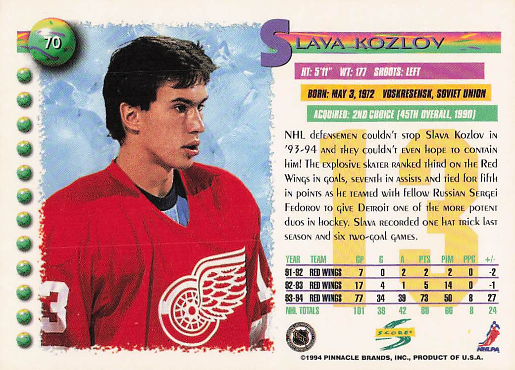 1994-95 Score Hockey Slava Kozlov #70