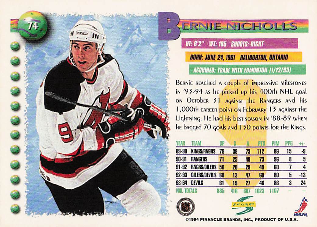 1994-95 Score Hockey Bernie Nicholls #74
