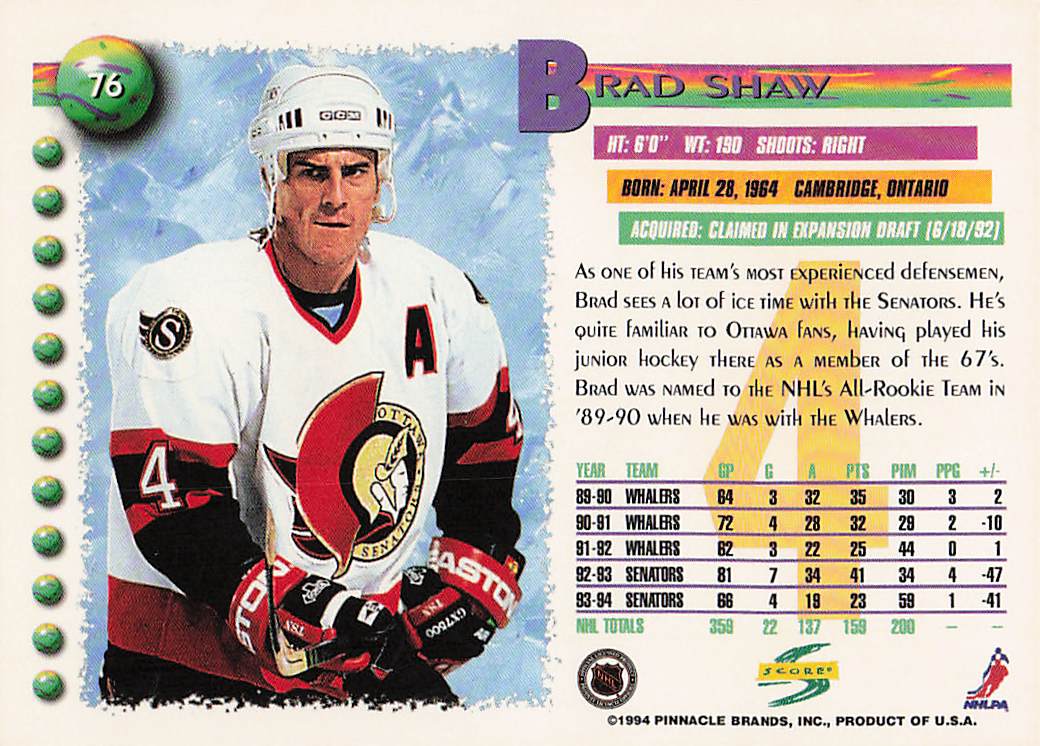 1994-95 Score Hockey Brad Shaw #76