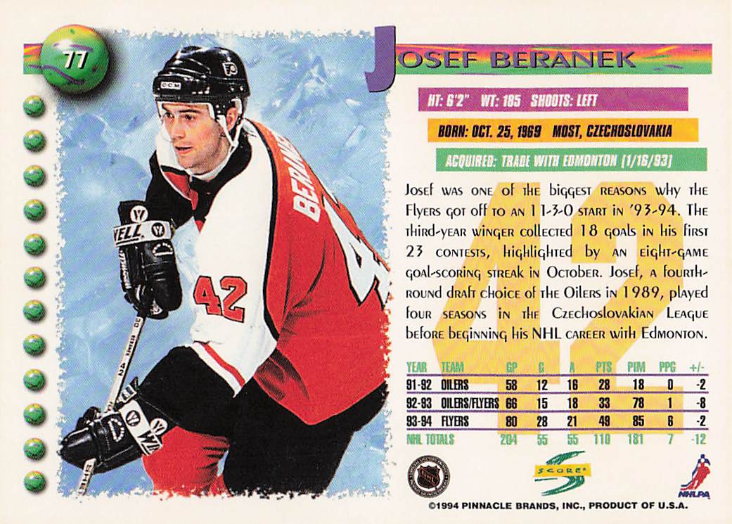 1994-95 Score Hockey Josef Beranek #77