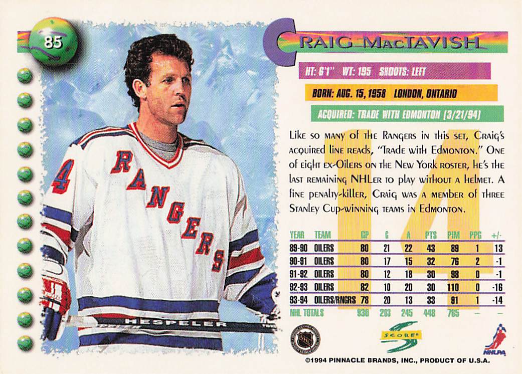 1994-95 Score Hockey Craig MacTavish #85