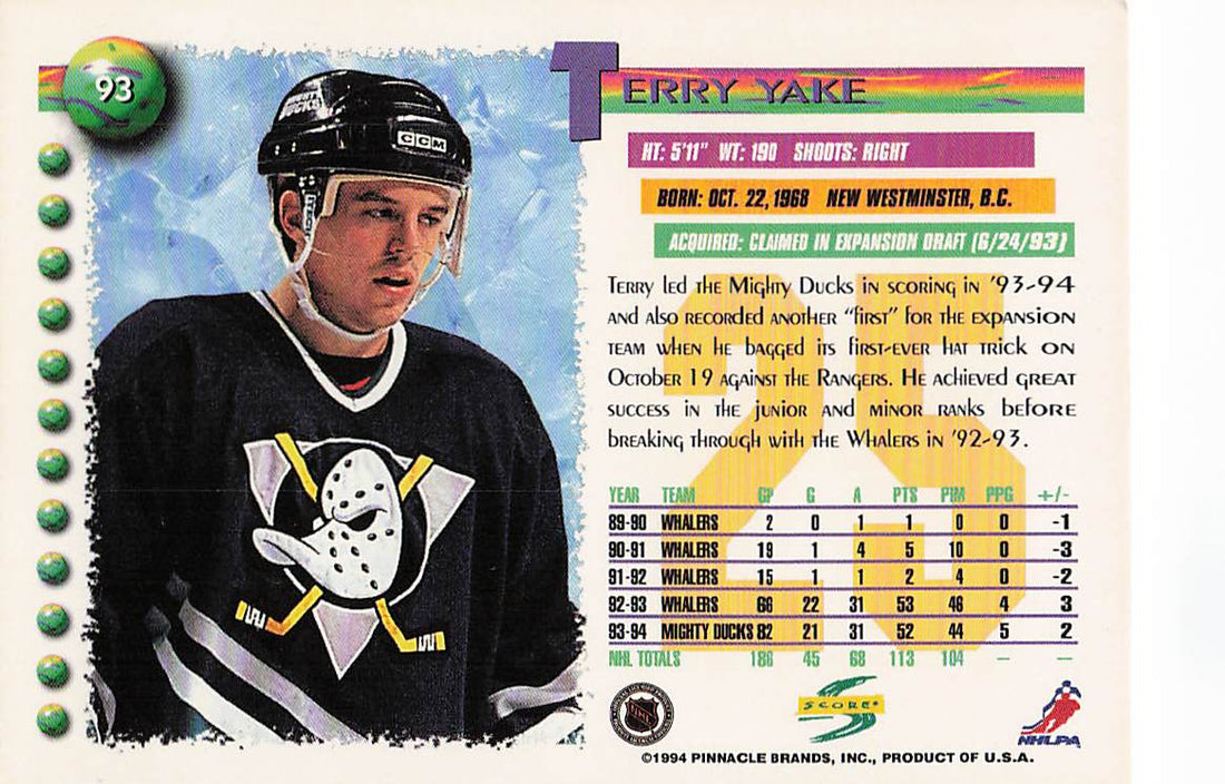 1994-95 Score Hockey Terry Yake #93