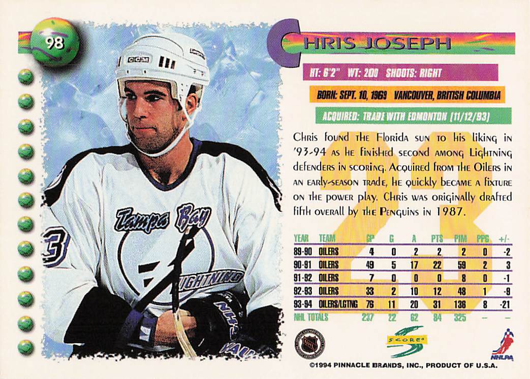 1994-95 Score Hockey Chris Joseph #98