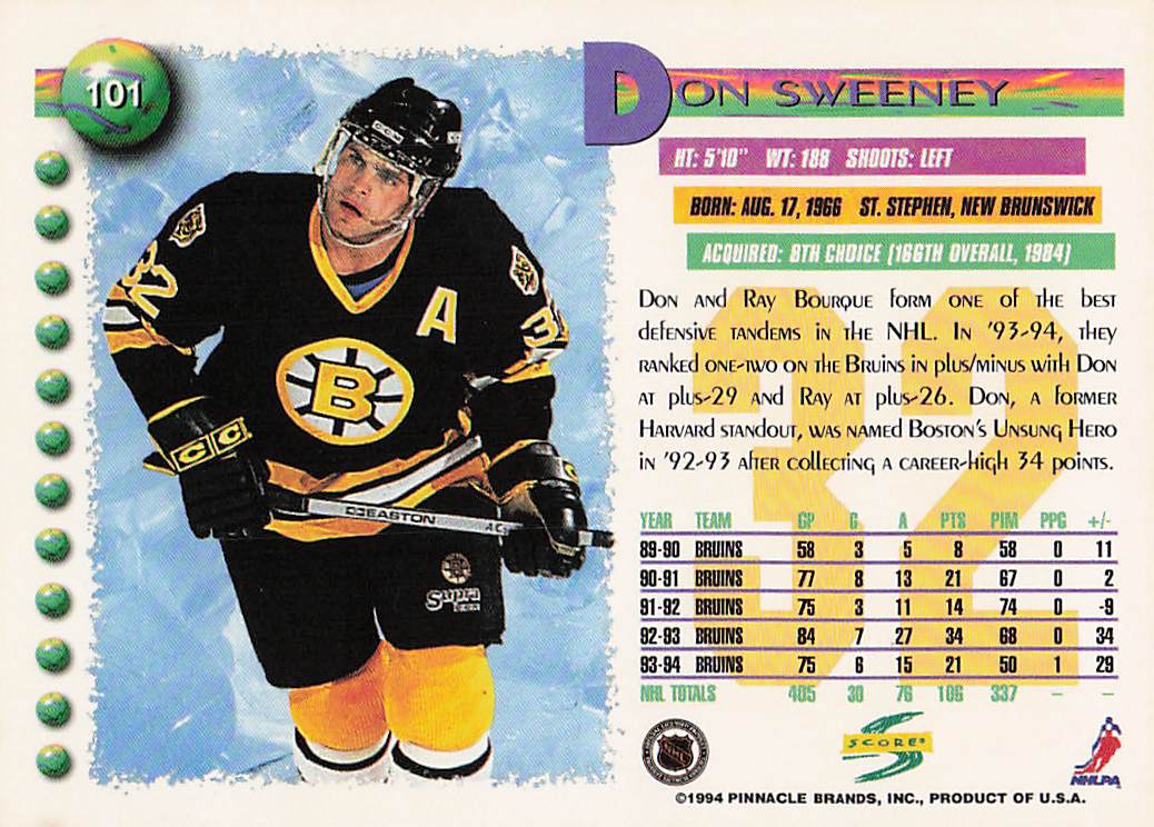 1994-95 Score Hockey Don Sweeney #101