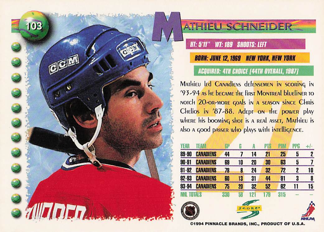 1994-95 Score Hockey Mathieu Schneider #103