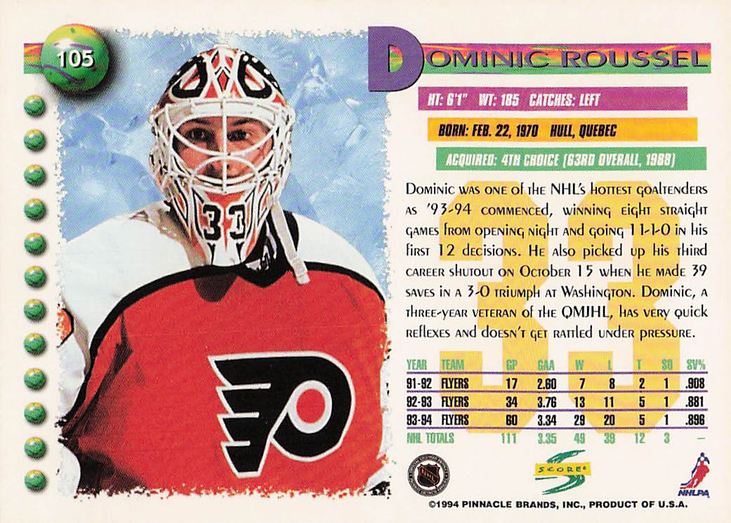 1994-95 Score Hockey Dominic Roussel #105