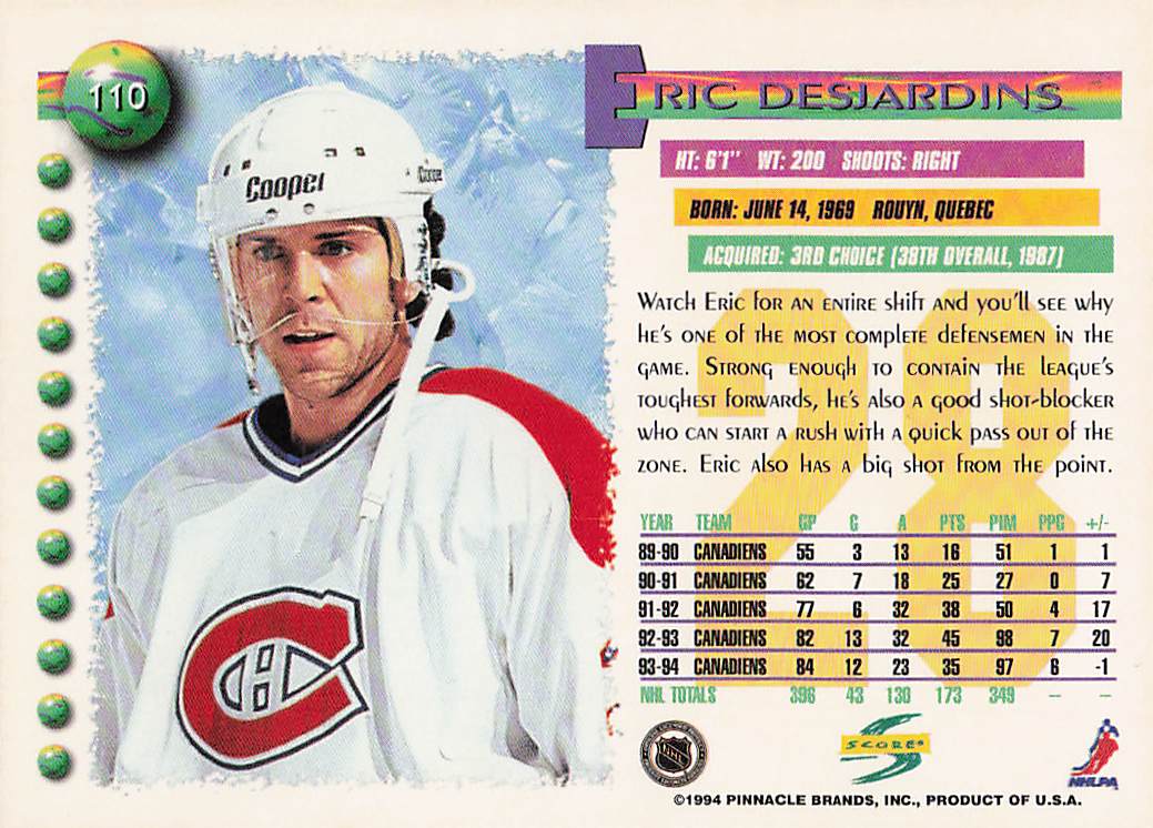 1994-95 Score Hockey Eric Desjardins #110
