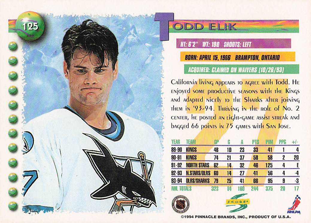 1994-95 Score Hockey Todd Elik #125