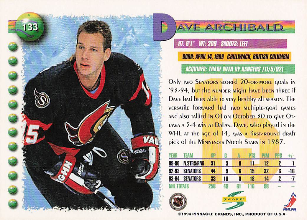 1994-95 Score Hockey Dave Archibald #133