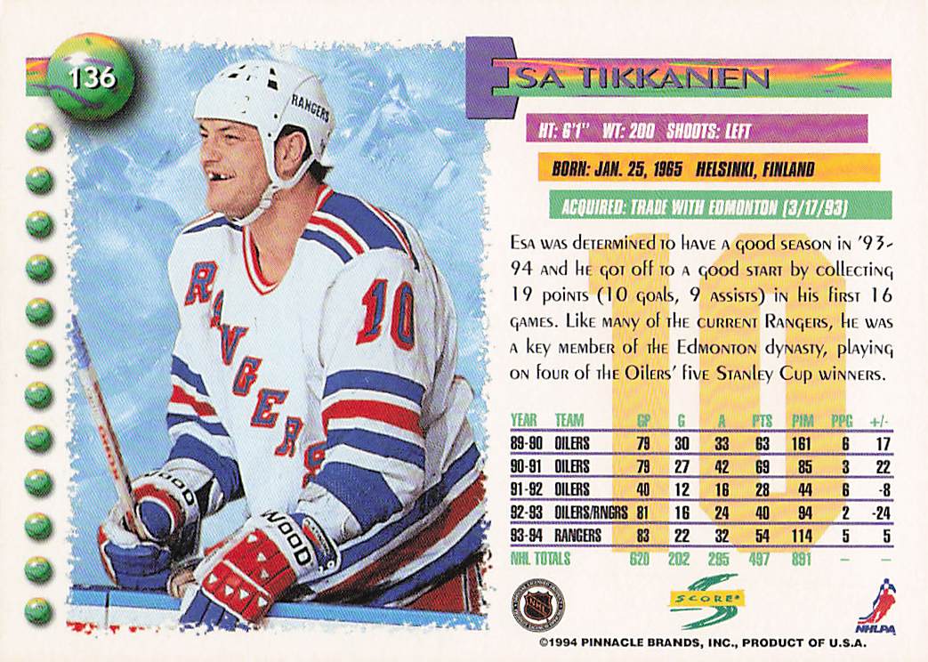 1994-95 Score Hockey Esa Tikkanen #136