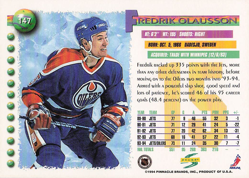 1994-95 Score Hockey Fredrik Olausson #147