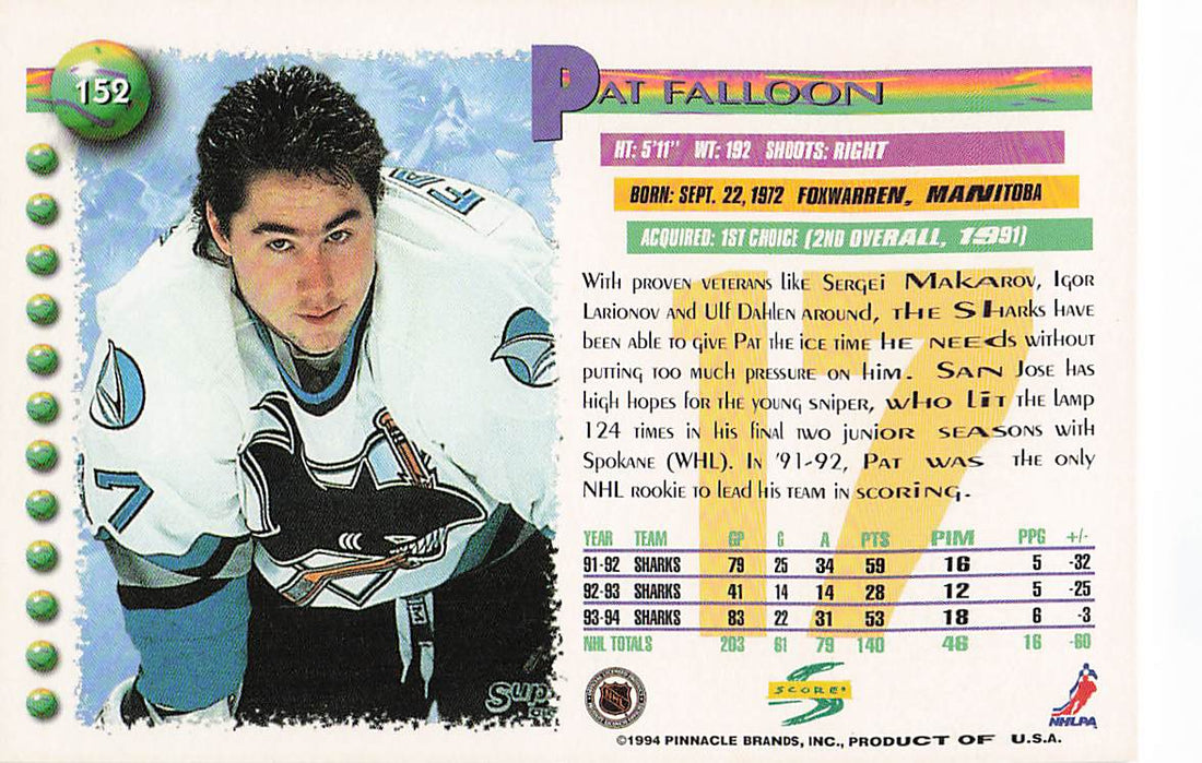 1994-95 Score Hockey Pat Falloon #152
