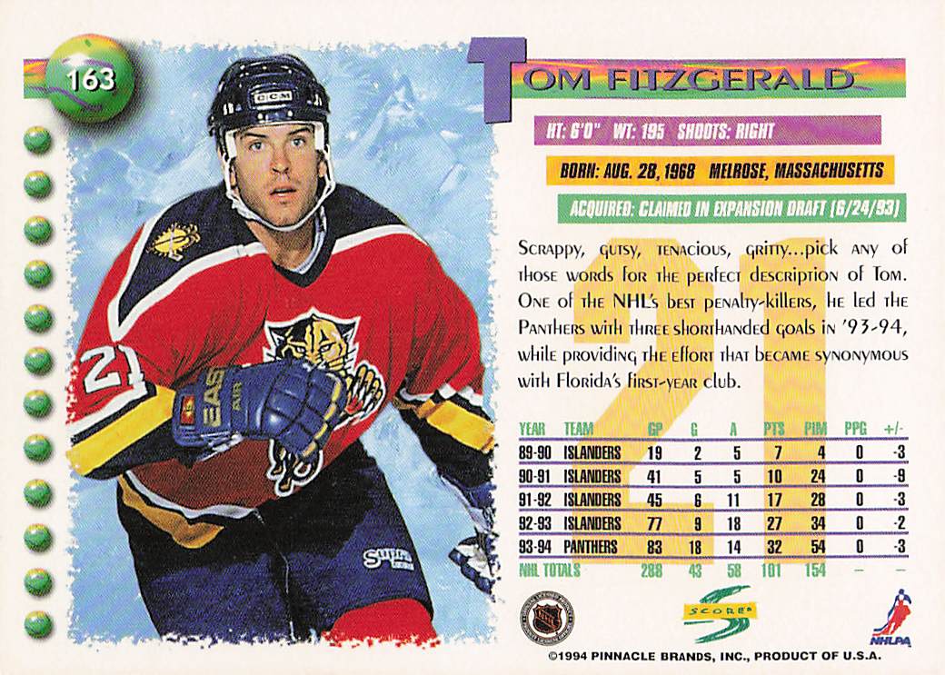 1994-95 Score Hockey Tom Fitzgerald #163