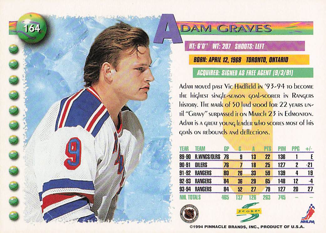 1994-95 Score Hockey Adam Graves #164