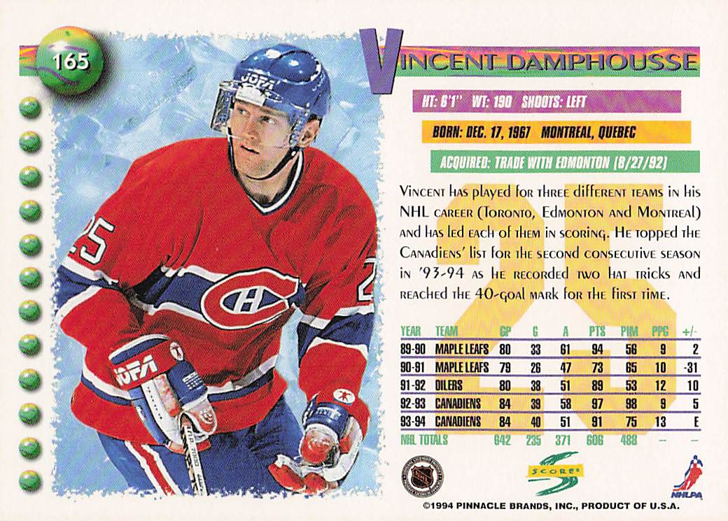 1994-95 Score Hockey Vincent Damphousse #165