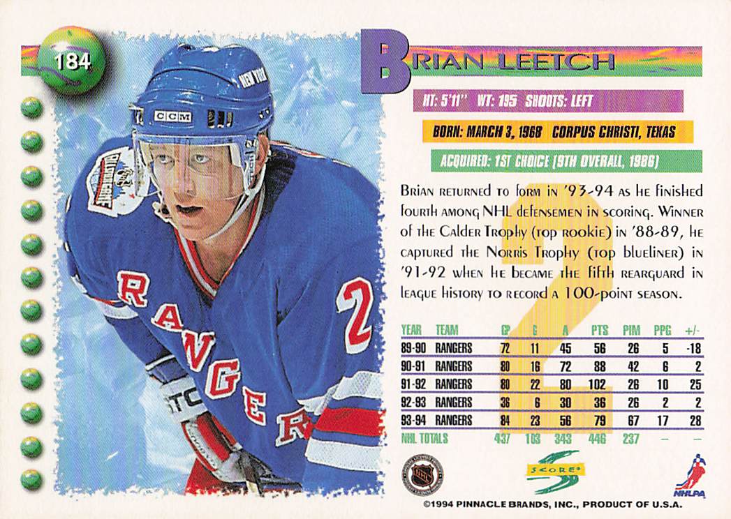 1994-95 Score Hockey Brian Leetch #184