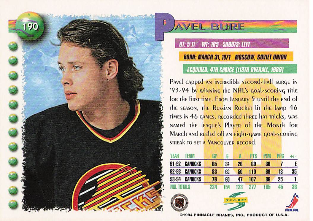 1994-95 Score Hockey Pavel Bure #190