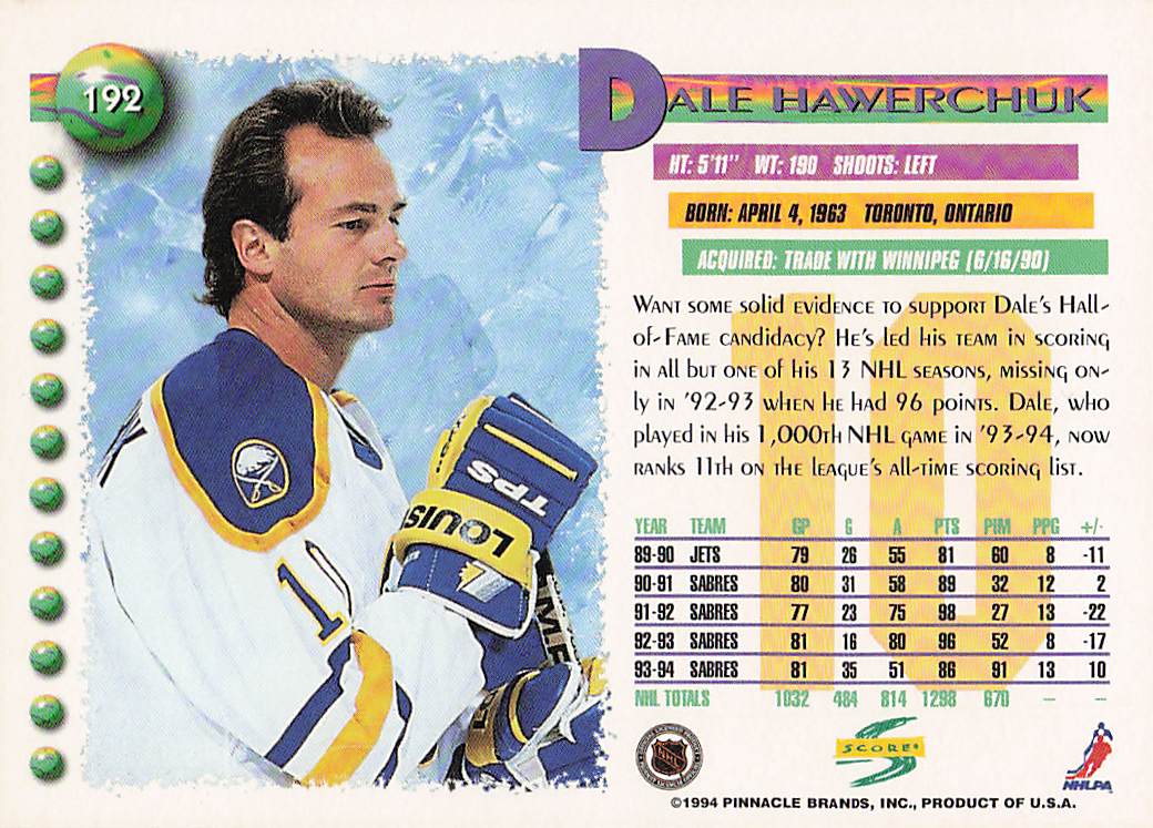 1994-95 Score Hockey Dale Hawerchuk #192