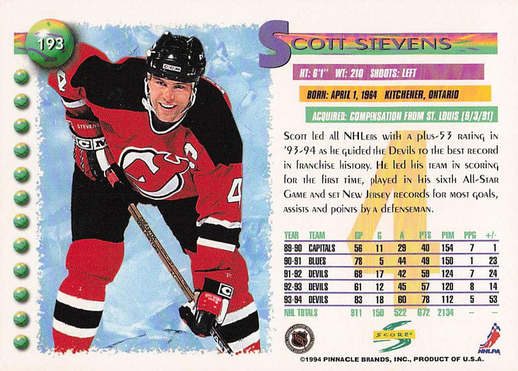 1994-95 Score Hockey Scott Stevens #193