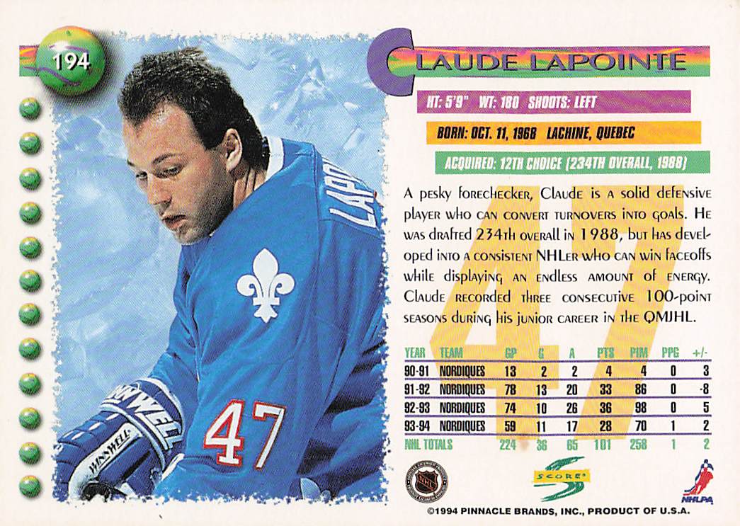 1994-95 Score Hockey Claude Lapointe #194