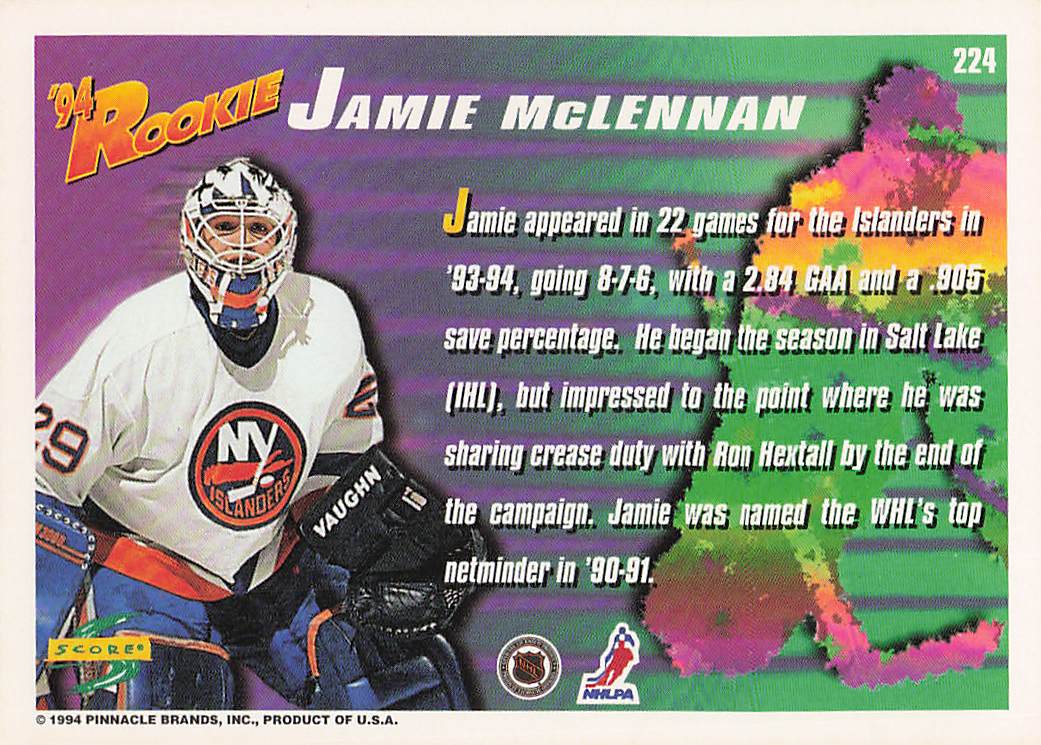 1994-95 Score Hockey Jamie McLennan #224