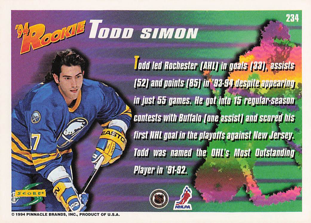 1994-95 Score Hockey Todd Simon #234 Rookie