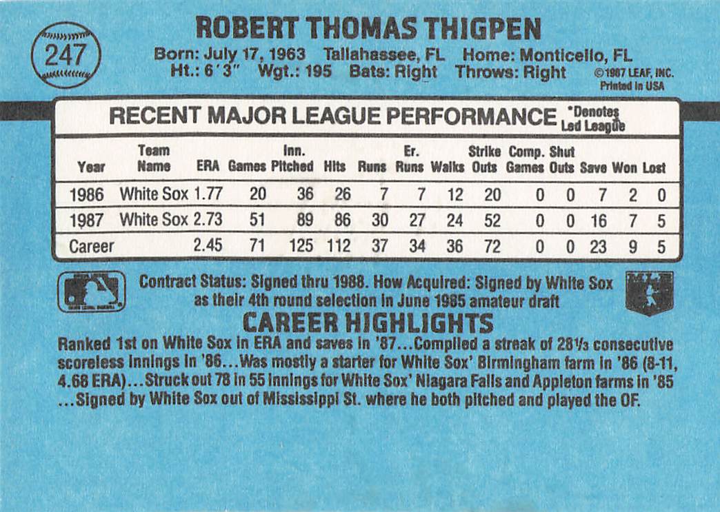 1988 Donruss Baseball Bobby Thigpen #247b