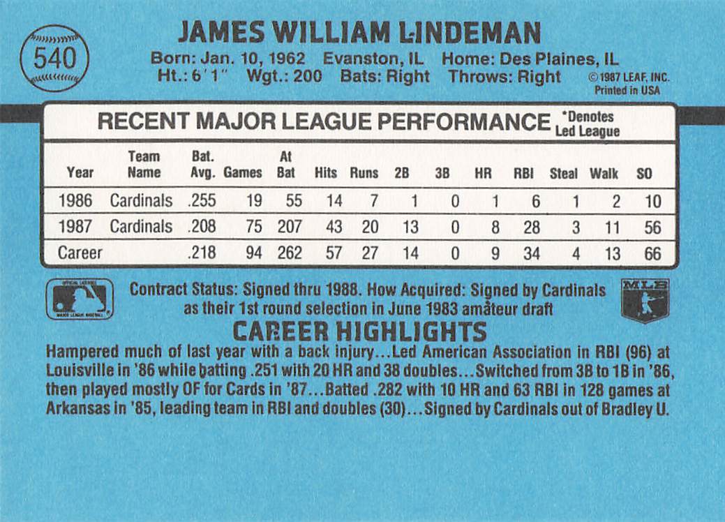 1988 Donruss Baseball Jim Lindeman #540c