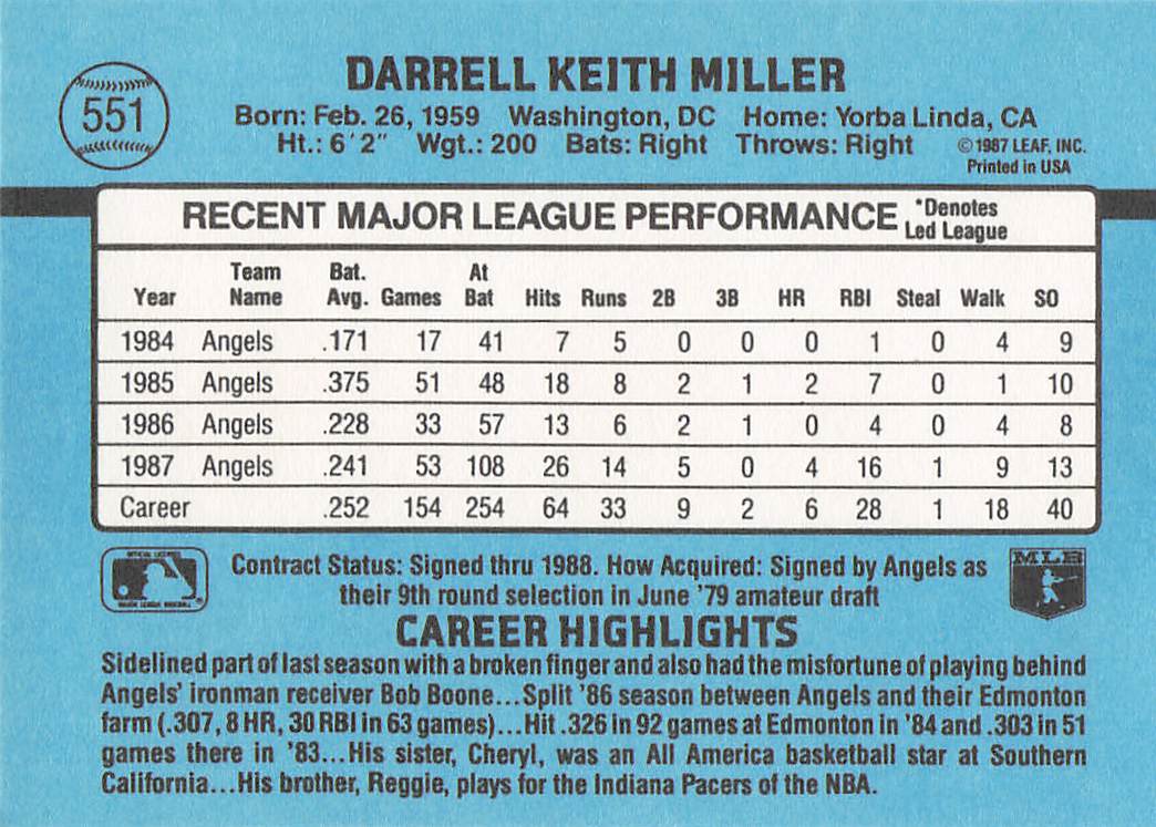 1988 Donruss Baseball Darrell Miller #551b