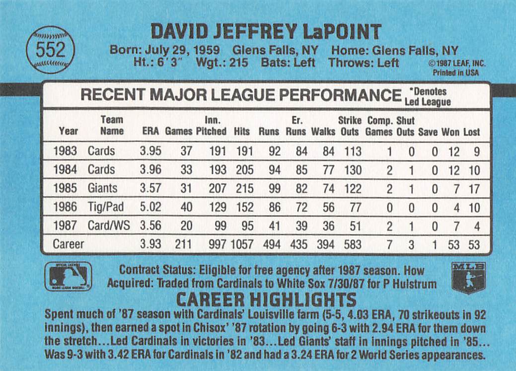 1988 Donruss Baseball Dave LaPoint #552