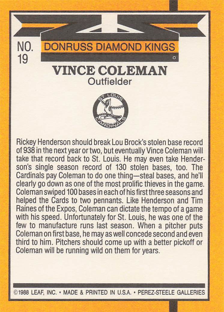 1989 Donruss Baseball Vince Coleman #19