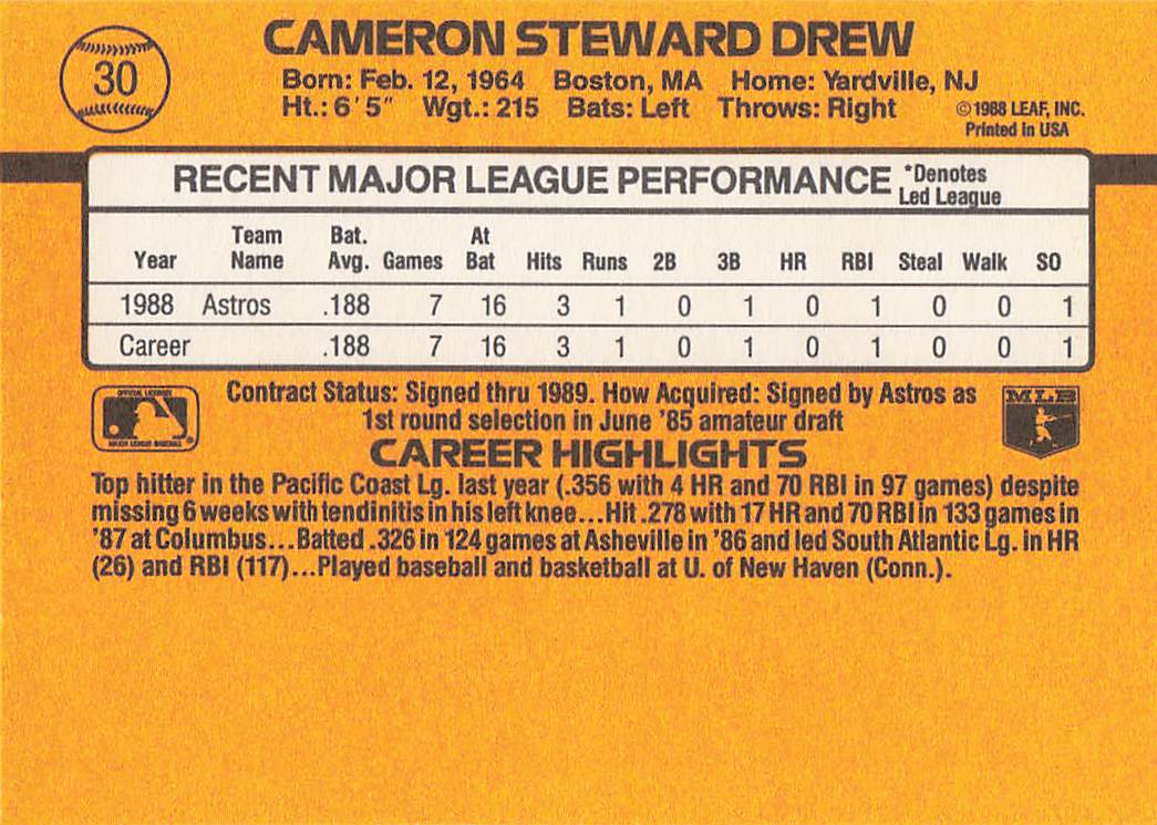 1989 Donruss Baseball Cameron Drew #30d Rookie
