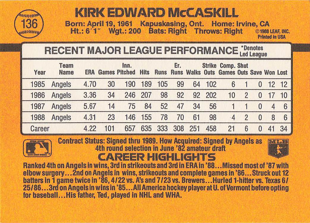 1989 Donruss Baseball Kirk McCaskill #136c