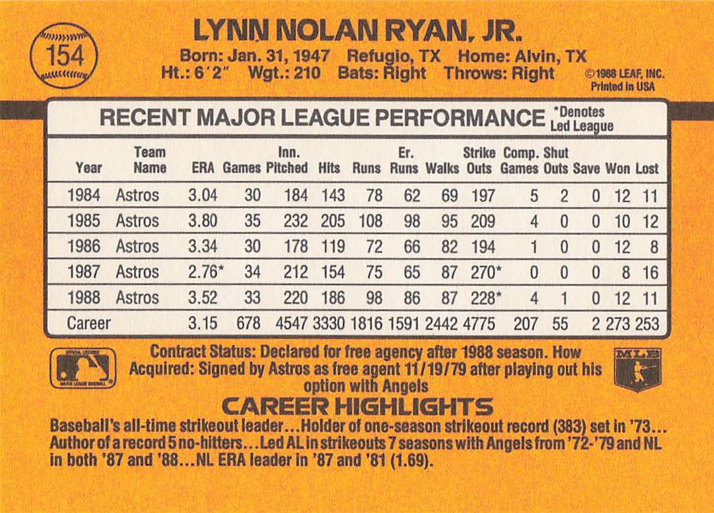 1989 Donruss Baseball Nolan Ryan #154