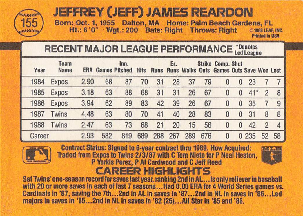 1989 Donruss Baseball Jeff Reardon #155b