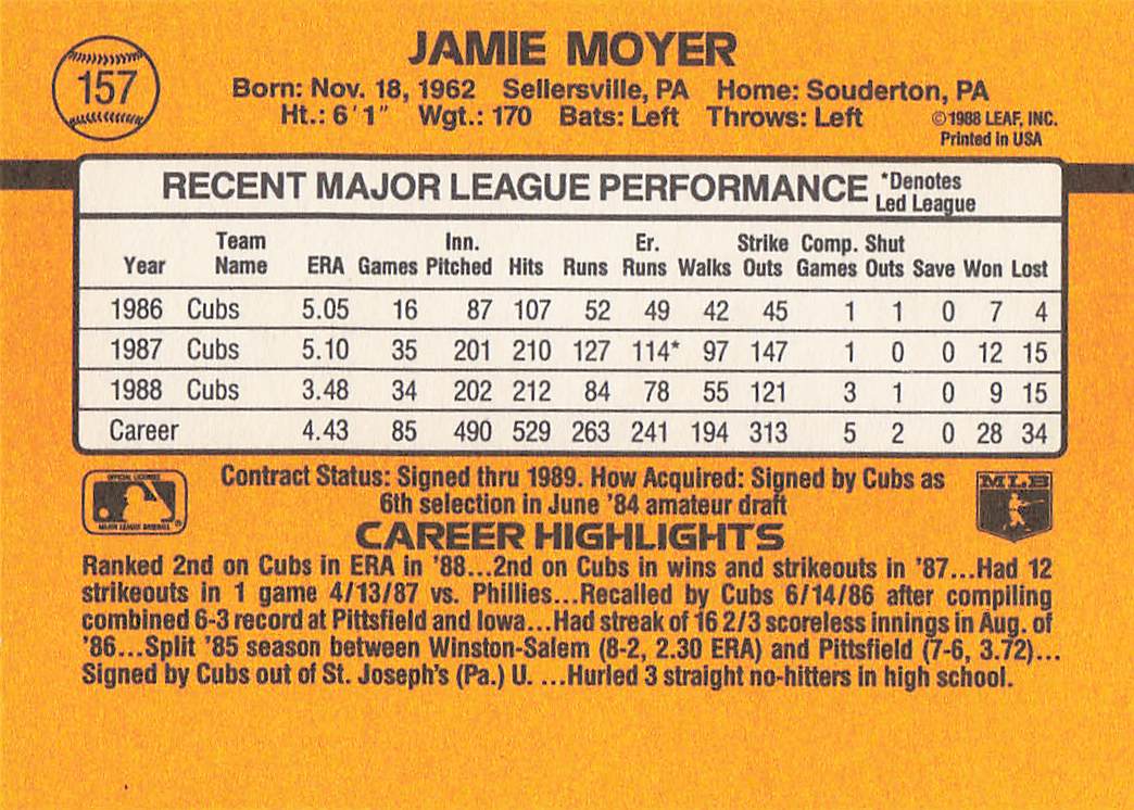 1989 Donruss Baseball Jamie Moyer #157d