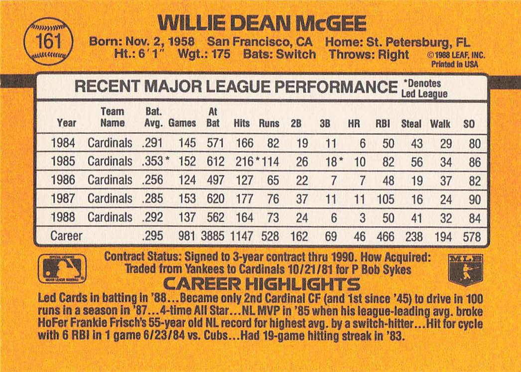 1989 Donruss Baseball Willie McGee #161