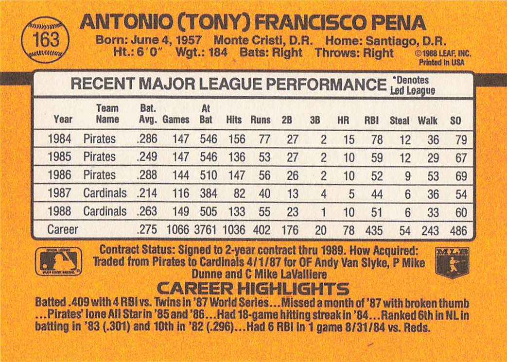 1989 Donruss Baseball Tony Pena #163