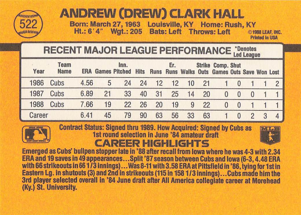 1989 Donruss Baseball Drew Hall #522b