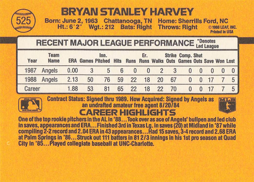 1989 Donruss Baseball Bryan Harvey #525d Rookie