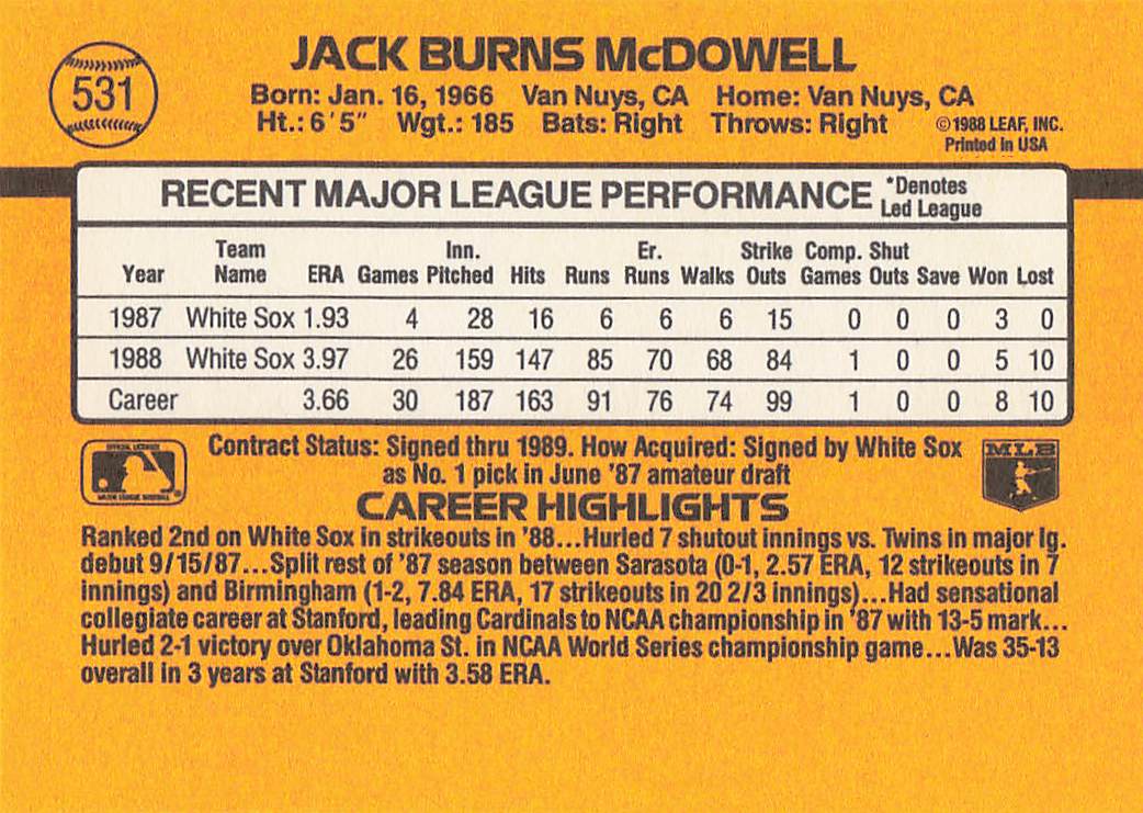 1989 Donruss Baseball Jack McDowell #531