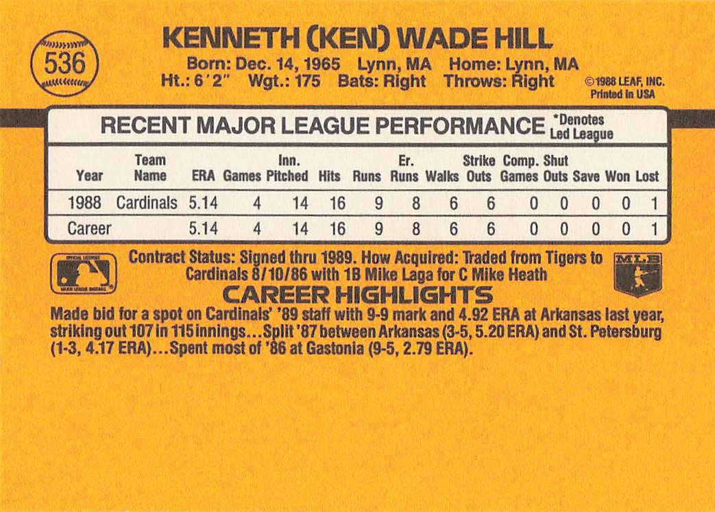 1989 Donruss Baseball Ken Hill #536c Rookie